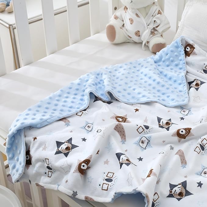 DaysU Silky Micro Soft Plush Baby Blankets for Girls with Print Animal Pattern and Soothing Raised Dots, Double Layer Bed Throws for Baby Crib, Bear, Blue, 30x40 Inches