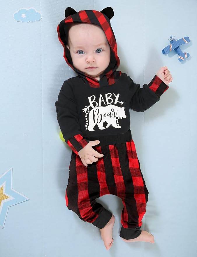 Fommy Newborn Baby Boy Clothes Plaid Letter Print Long Sleeve Hoodies + Long Pants 2PCS Fall Winter Outfits Set