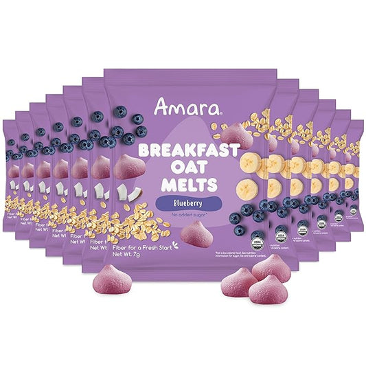 Amara Breakfast Oat Melts - Organic Toddler Snack - Single Serve Fiber-Packed Oat Bites with Real Fruit, No Added Sugar, Quick Dissolving, Blueberry - 12 Pack