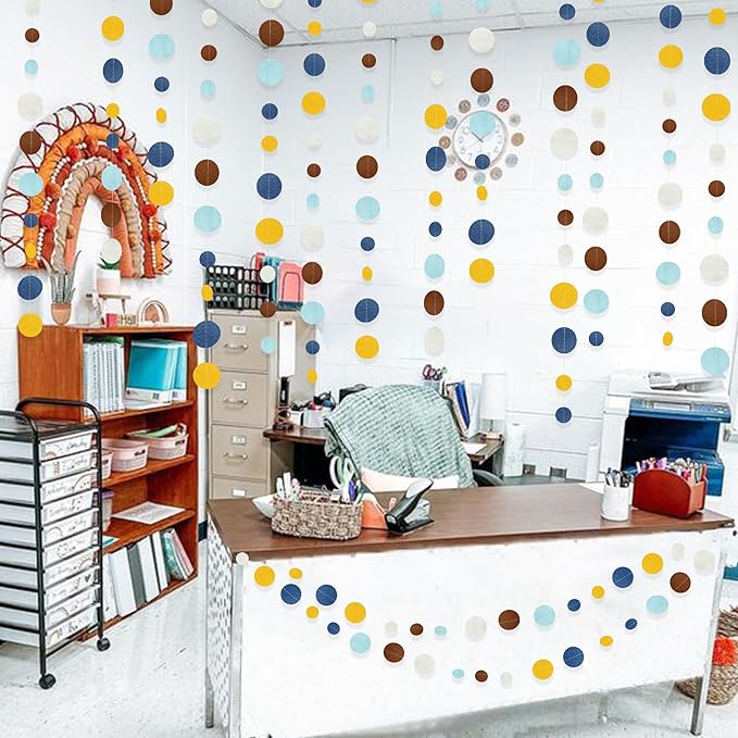 Boho Classroom Decorations Navy Blue Yellow Brown Felt Circle Dot Garland Hanging Polka Dot Streamer for Classrooms Preschool Everyone is Welcome Homeschool Nursery Birthday Baby Shower Party Decor