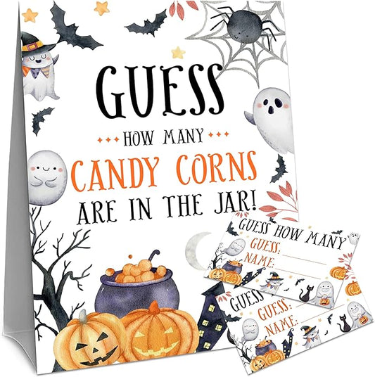 Halloween How Many Candy Corns Are In The Jar - 1 Standing Sign & 50 Guessing Cards - Cute Halloween Party Game & Decoration For Boys, Girls, Adults - Baby Shower, Birthday Game Set - A05