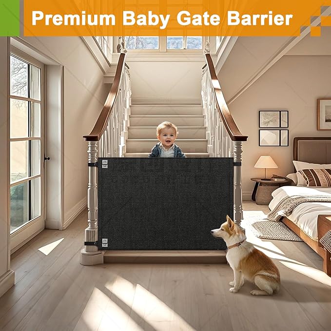 Baby Fabric Gate for Stairs Banisters - Dog and Pet Safety Barrier Gates for Stairway - No Drill Banister to Banister Baby Kids Gates for Stairs (Dark Gray, Wide 55" to 65" Height 34")