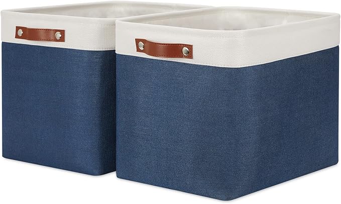 HNIZGE Large Rectangle Basket Fabric Baskets for Organizing [2 Pack] Tall Storage Basket Navy Blue Baskets 16" x 11.8" x 11.8" Shelf Baskets for Storage Linen Closet Organizers (Blue&White)