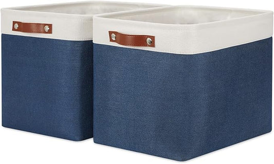HNIZGE Large Rectangle Basket Fabric Baskets for Organizing [2 Pack] Tall Storage Basket Navy Blue Baskets 16" x 11.8" x 11.8" Shelf Baskets for Storage Linen Closet Organizers (Blue&White)