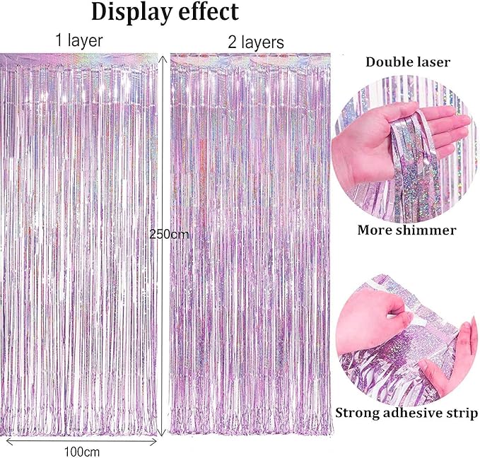 BRAVESHINE Pink Blue Tinsel Foil Fringe Curtains - 2Pcs 3.2x8.2ft Holidays Photo Streamers Backdrop for Easter Girl or Boy Birthdays Bridal Shower Party Supplies Decorations