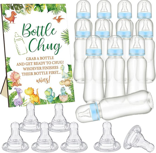 TrelaCo Dinosaur Cool Baby Shower Games Bottle Chug Sign Wooden Green Leaf Gift Sets Gender Reveal Party Favors and 12 Pcs Baby Bottle Shower Favor for Game Gender Reveal