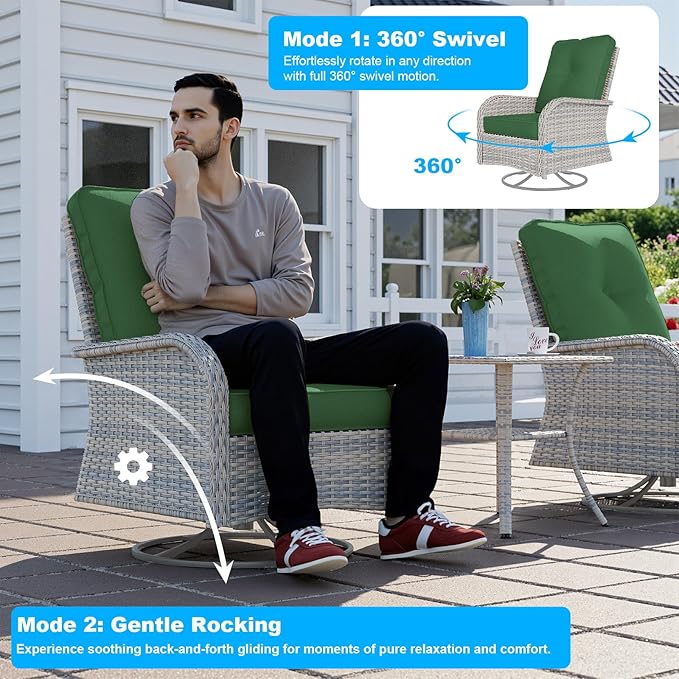 5-Piece Small Patio Furniture Set, Outdoor Swivel Rocking Chairs Set with Ottomans, Patio Bistro Set for Balcony, Deck, Porch, Dark Green