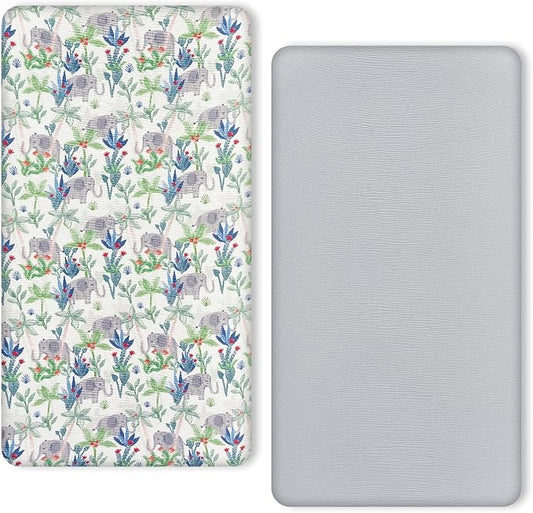TILLYOU Muslin Crib Sheets for Boys and Girls 2 Pack, Neutral Soft Cotton Baby Crib Mattress Protector, for 52x 28 Toddler Bed, Rainforest Elephant & Grey