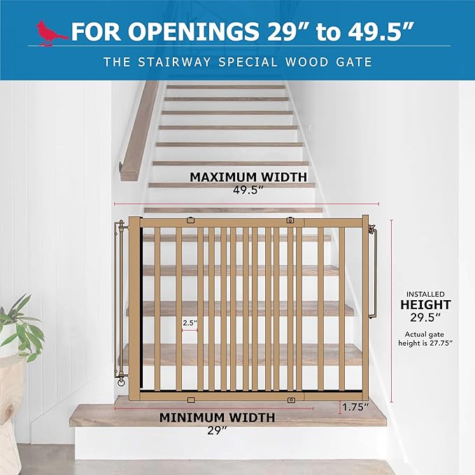 Cardinal Gates SS30 Stairway Special Baby Gate for Top of Stairs - Adjustable Indoor Dog Gate - Wooden Safety Gate for Kids & Pets - Can be Installed at Angles - 29.5 to 49 Inches Wide - Wood