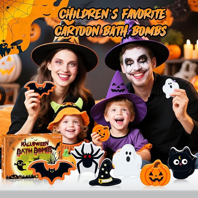 Halloween Bath Bombs Set for Kids, Boo Basket Stuffers for Women, Boys & Girls Spooky Celebration Gift, Handmade 6 Fun Shapes Hallowen Trick o Treat Party Favors for Kids