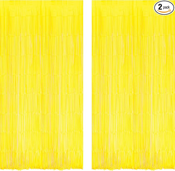 BRAVESHINE Foil Fringe Curtain Backdrop - 2 Pack Yellow Tinsel Photo Booth Backdrop Party Streamers for Easter, Birthdays, Christmas, Lemon, Pineapples, Kids' Party Decorations