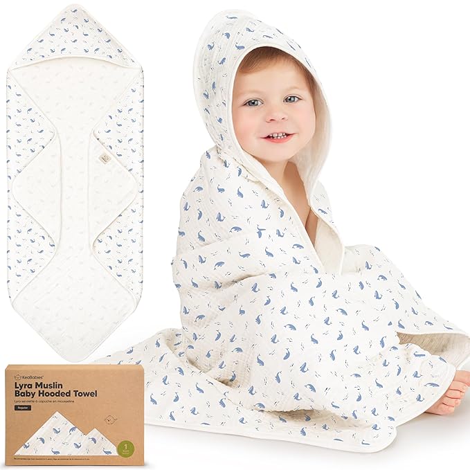 KeaBabies Muslin Baby Bath Towels with Hood for Girls, Boys, Large Organic Cotton Hooded Baby Towels for Newborns, Toddlers, Infant, Kids, Soft Absorbent Newborn Bath Essentials Gift Set (Whale Bay)