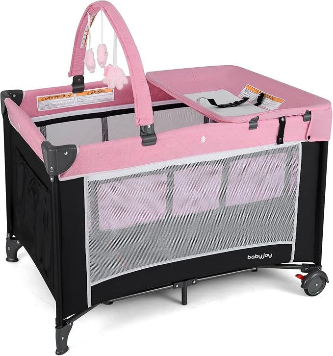 BABY JOY 3 in 1 Pink Pack and Play, Travel Baby Crib Bassinet Bed with Bassinet for Girl, Changing Table w/Safety Belt, Toy Bar, Lockable Wheels, Portable Baby Playard from Newborn to Toddler