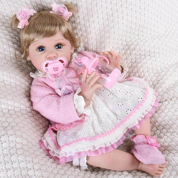 Aori Reborn Baby Dolls 22 Inch - Realistic Baby Doll for Kids 3+ Years - Lifelike Newborn Baby Girl with Pink Outfit - Handmade Cloth Body Reborn Toddler for Gift, Collection & Role Play