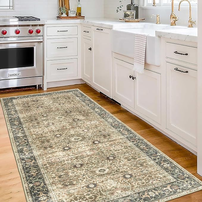 ReaLife Rugs Machine Washable Area Rug - Living Room Bedroom Bathroom Kitchen Entryway Office - Padded Low Pile Stain Resistant Premium - Boho Farmhouse Vintage - Dua - Brown Gray Beige 2'6" x 8'