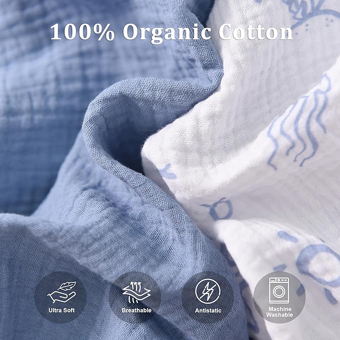 Baby Crib Sheets 2 PCS, 100% Organic Cotton Crib Sheet for Standard Crib Mattress(52”x 28”), Fitted and Soft Breathable Muslin Crib Mattress Sheet for Girl and Boy