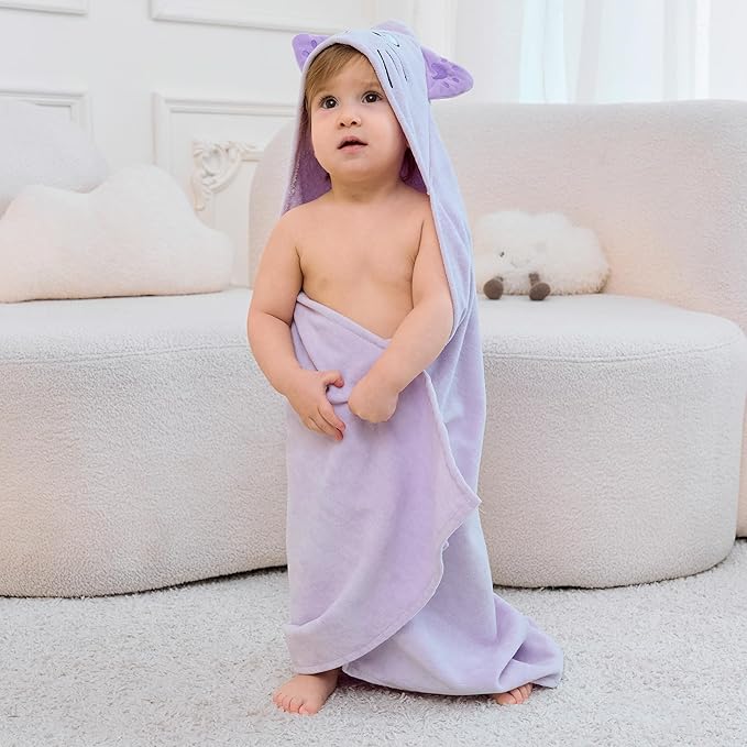 Mooreeke 2 Pack Toddler Towels - 100% Cotton Toddler Hooded Towels - Soft Baby Bath Towel with Hood for Newborn - Comfort Towel for Baby Girls and Boys - Animal Shaped (Fox & Cat)
