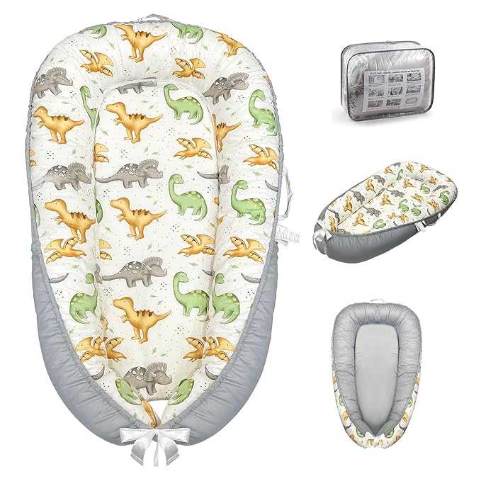 Baby Lounger for Newborn 0-24 Months, Baby Nest Cover Breathable and Soft Cotton, Infant Lounger with U-Shaped Safety Bumper for Cozy Comfort Essentials (Dinosuars)