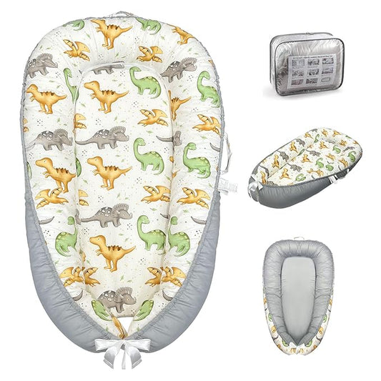 Baby Lounger for Newborn 0-24 Months, Baby Nest Cover Breathable and Soft Cotton, Infant Lounger with U-Shaped Safety Bumper for Cozy Comfort Essentials (Dinosuars)