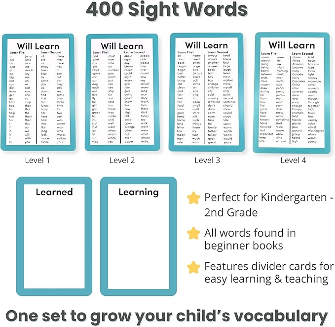 400 Essential Reading Sight Words | Ages 6-8 | Kindergarten - 2nd Grade Classroom Curriculum | Build Vocabulary & Reading Skills | Brainstrong Premium 4-Level Box Set | 200 Flashcards