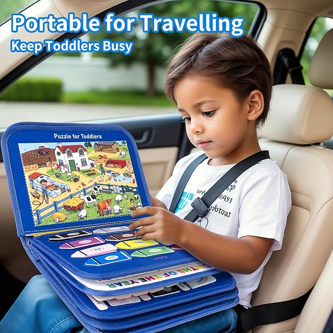 12-page Toddler Busy Board Montessori Toys for 1 2 3 4 Years Old, Busy Book for Toddlers 1-3 Boy Birthday Gift, 24 in 1 Activity Sensory Toys for Motor Skills, Travel Toy for Car Airplane (Blue)