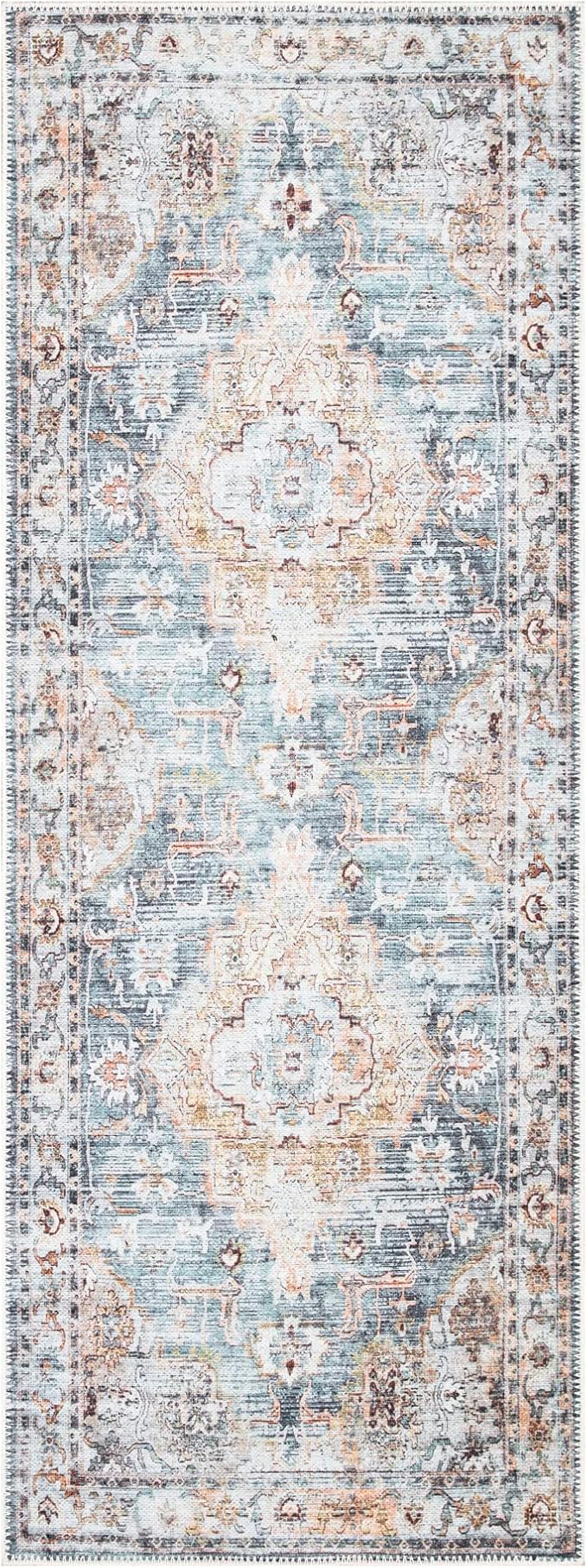 Bloom Rugs Washable Non-Slip 7 ft Runner - Teal/Peach Traditional Runner for Entryway, Hallway, Bathroom, and Kitchen - Exact Size: 2.5' x 7'
