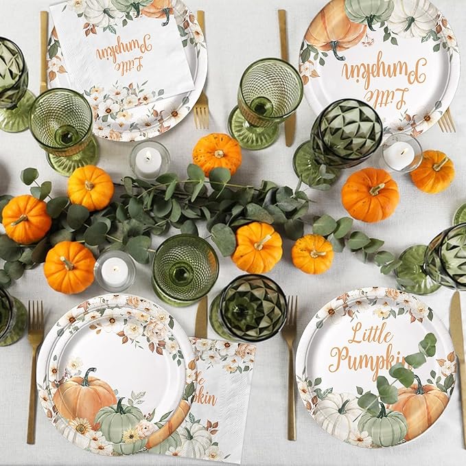 100 Pcs Little Pumpkin Baby Shower Party Decoration – Autumn Pumpkin & Floral Tableware Set with Plates, Napkins, Cups, Cutlery for Thanksgiving & Fall Baby Shower Decorations, Serves 20