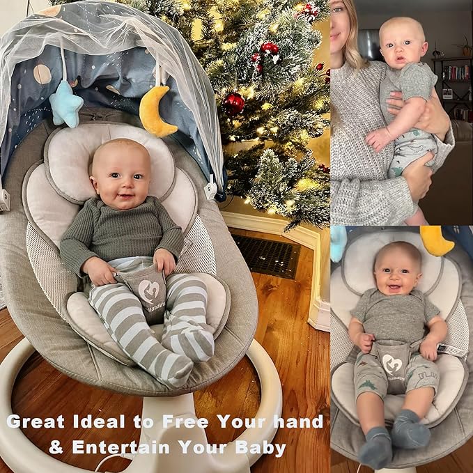 Bluetooth Baby Swing for Infants, Compact & Portable Baby Swing, 3 Seat Positions, 5 Swing Speed, 10 Music, Remote Control, USB Plug-in Power, Reversible Cushion for All Seasons