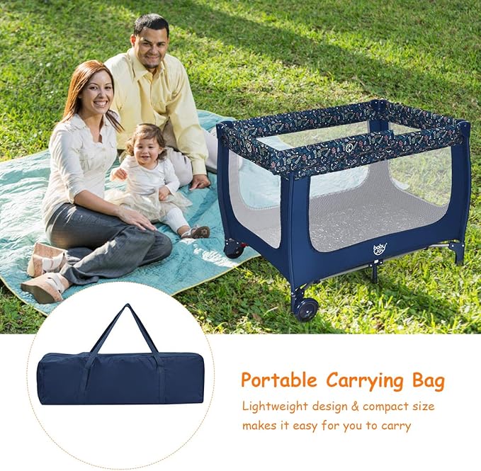 HONEY JOY Pack and Play, Foldable Baby Playard with Bassinet, Lightweight Installation-Free Travel Baby Crib from Newborn to Toddlers, Portable Nursery Center w/Lockable Wheels & Carry Bag(Blue)