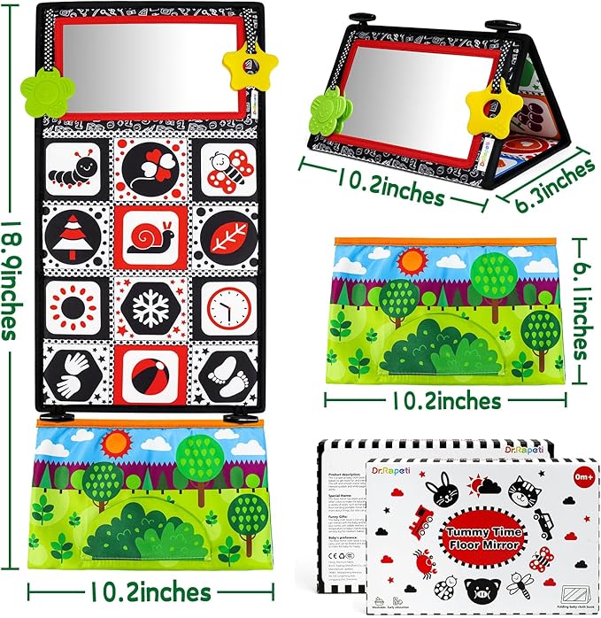 Dr.Rapeti Tummy Time Floor Mirror for Baby Infant Toddler Kids Black and White High Contrast Baby Toy with Crinkle Cloth Book Teethers Floor Activity Toy Washable Non-Toxic