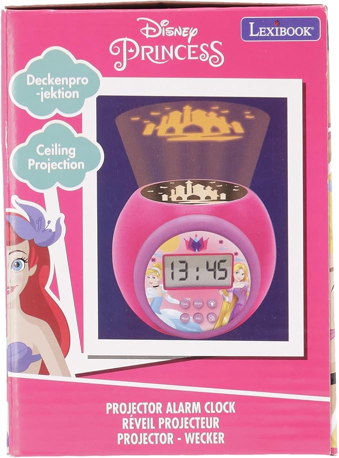 LEXIBOOK Projector Clock Disney Princess with Snooze Alarm Function, Night Light with Timer, LCD Screen, Battery Operated, Pink