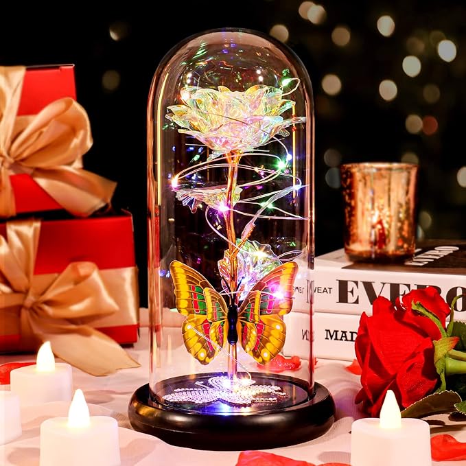 DEEMEI Birthday Gifts for Women Colorful Rose Eternal Flower Light Up Rose in Glass Dome with Butterfly, Flowers for Delivery Prime Mom Gift from Daughter Anniversary Wife Girlfriend Grandma Gift