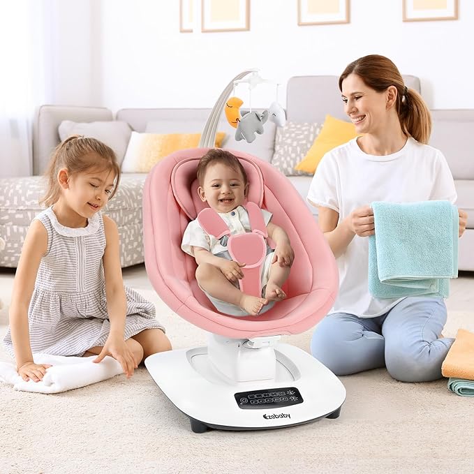 Ezebaby Baby Swing for Infants and Newborns with 5 Unique Motions, Adjustable Speed and Positions, Lullabies, Infant Swing with 5-Point Harness, Baby Swing for Newborn Babies 0-9 Months Pink