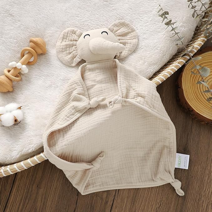 Organic Elephant Lovey, Muslin Security Blanket for Babies, Elephant Baby Stuffed Animal, Snuggle Toy, Gift for Boys and Girls (Khaki)