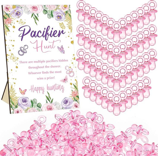 Thyle 51 Pcs Pacifier Hunt Baby Shower Games Include Hunt Sign and 50 Acrylic Pacifiers for Baby Shower Game Decoration Gift Sets Gender Reveal Party Decor(Butterfly)