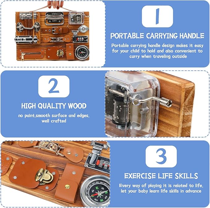 Busy Board for Toddlers, Travel Toy Fidget Board Activity Board for Fine Motor Skills, Wooden Busy Board Toys for 3 Years Old Boys & Girls with Switch, Locks, Music Box...