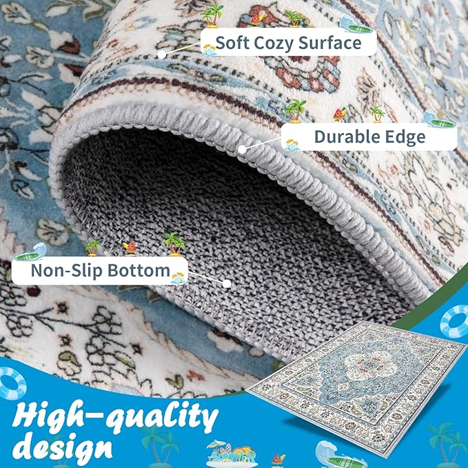 Ciicool Boho Area Rug 3’x5’ Blue Washable Bedroom Non-Slip Oriental Entry Soft Throw Low-Pile Indoor Rug Floor Carpet for Living Room Laundry Foyer Decor (Floral Medallion)