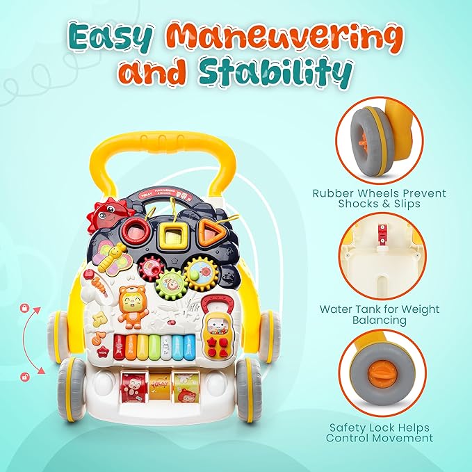 YOLAY Baby Walker Push with Wheels, Sit-to-Stand Walker for Baby Boy and Girl 6-12 Months with Detachable Play Panel, Stable Handle, Early Learning Activity for Kids - Yellow