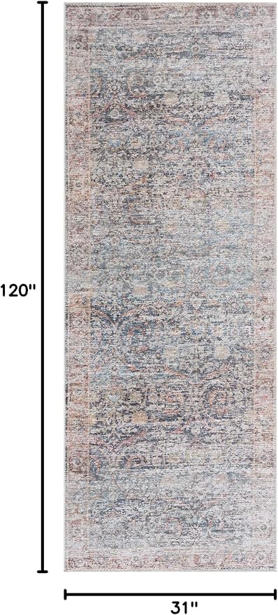 Bloom Rugs Caria Washable Non-Slip 10 ft Runner - Ocean Blue/Brick Traditional Runner for Entryway, Hallway, Bathroom, and Kitchen - Exact Size: 2'6" x 10'