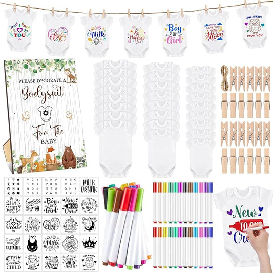 Panitay 126 Pcs Baby Shower DIY Bodysuit Set Rustic Kraft Baby Shower Game Sign DIY Bib 25 Blank White Newborn Bodysuit 25 Stencils 24 Marker 1 Sign 50 Pins for Gender Reveal(Woodland Animals)