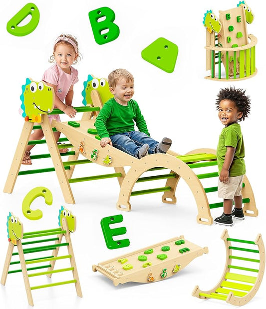 Pikler Triangle Climbing Set - 11-in-1 Foldable Indoor Jungle Gym for Toddler 1.8M-7Y, Baby Climbing Toys, Montessori Climber Gifts, Wooden Climbing Playground for Playroom & Nursery