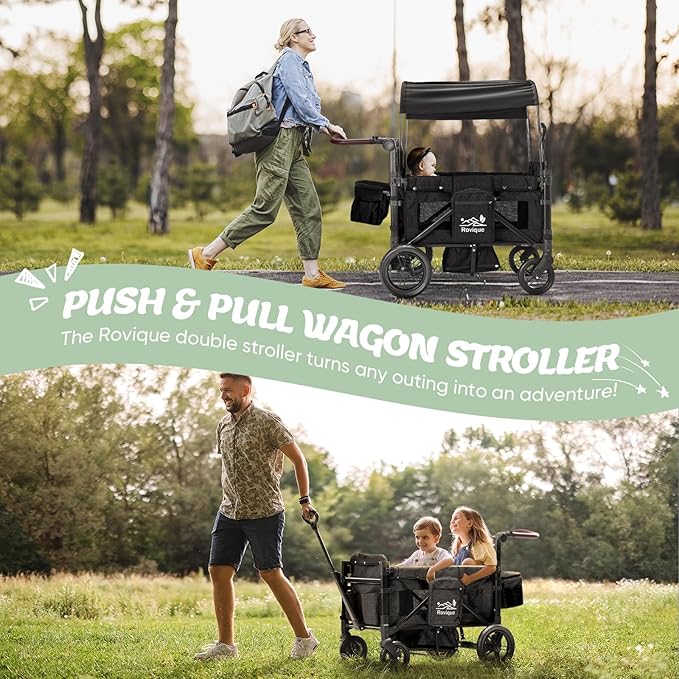 Wagon Stroller for 2 Kids,Premium Wagon for Kids with Removable Canopy,Snack Tray,All-Terrain PU Wheels & Adjustable Push/Pull Handle (Black)