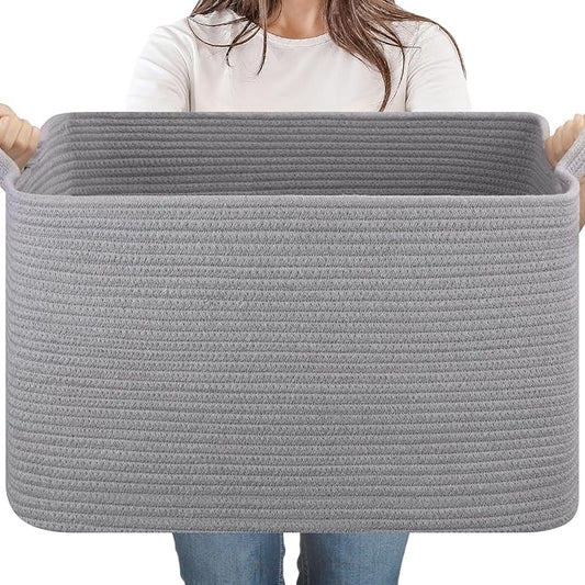 65L Large Storage Basket, Cotton Rope Woven Blanket Basket, Toy Storage for Baby Room, Living Room, Light Grey