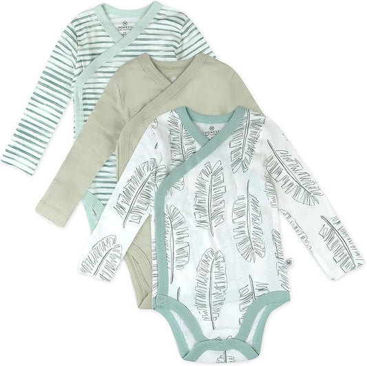 HonestBaby unisex-baby 3-pack Long Sleeve Side-snap Kimono Bodysuits Organic Cotton for Infant Baby Boys, Girls, Unisex