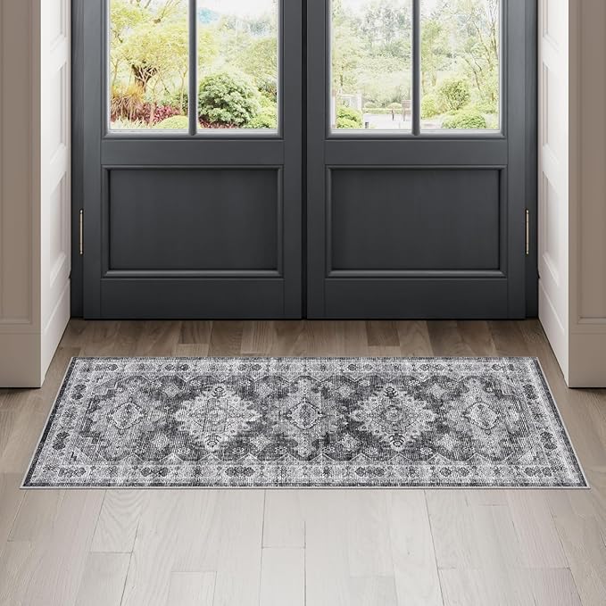 Dripex Vintage Washable Area Rug - 2x4 Indoor Door Mat Oriental Medallion Accent Throw Rug Distressed Foldable Non-Slip Low-Pile Bathroom Kitchen Rug for Entryway Laundry Room Living Room Bedroom