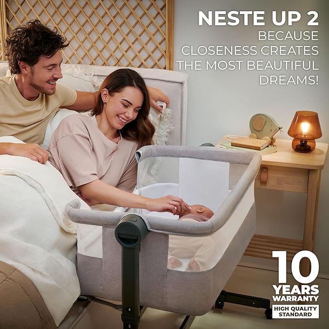 Kinderkraft Neste UP2 Bedside Cot 2 in 1, Co-Sleeper from Birth, Travel cot for Newborn, Adjustable Height, Included Mattress Sheet, with 4 Wheels, Breathable Mesh, Gray