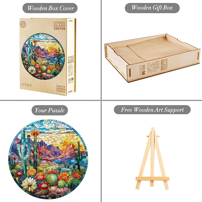 Jigfoxy Wooden Puzzles for Adults, Stained Glass Cactus Wood Puzzles Adult, Unique Animal Shape Wooden Jigsaw Puzzles for Adults, Birthday Gifts for Puzzle Lovers, Family (M-11.4 * 11.4in-200pcs)