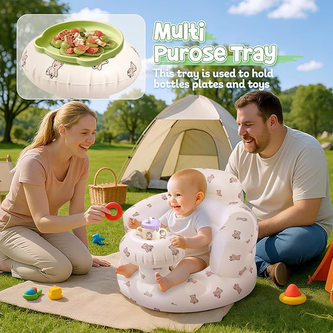 Arscniek Inflatable Baby Seat Built in Air Pump, Blow Up Baby Chair with Back Support and Tray, Sit Me Up Floor Seat for Babies 3-36 Months, Portable Infant Chairs for Indoor and Outdoor- Biscuit Bear