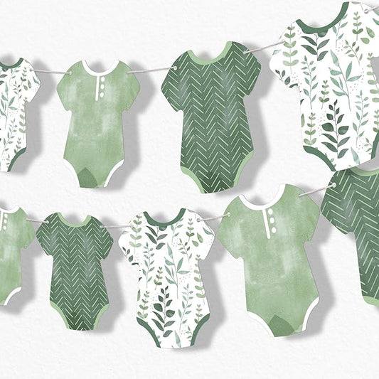 Big Dot of Happiness Boho Botanical Baby Garland Banner, Greenery Baby Shower, Gender Neutral Decorations, 30 Feet of Cord, 15 Double-Sided Green Baby Bodysuits