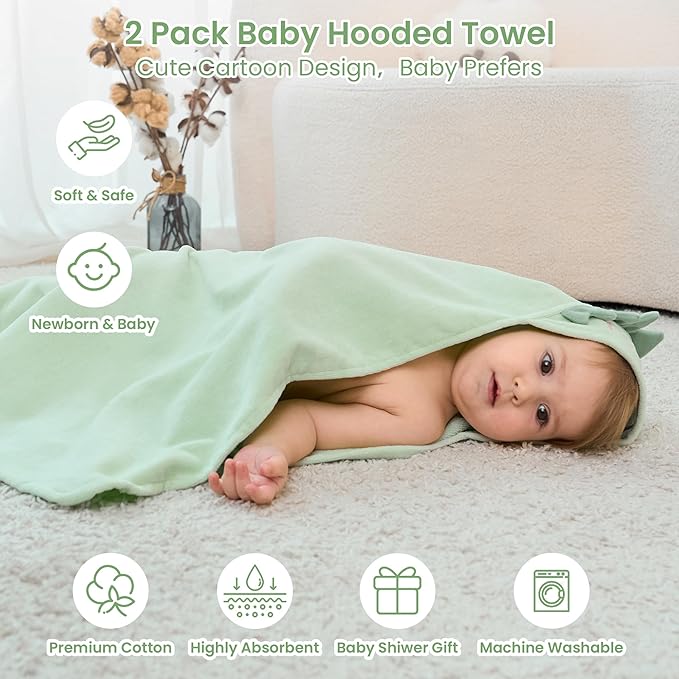 Mooreeke 2 Pack Toddler Towels - 100% Cotton Toddler Hooded Towels - Soft Baby Bath Towel with Hood for Newborn - Comfort Towel for Baby Girls and Boys - Animal Shaped (Dinosaur & Bunny)